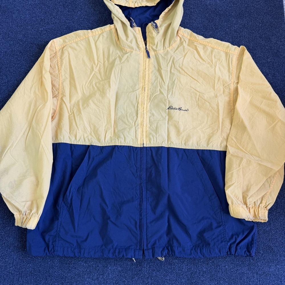 Vintage Eddie Bauer Jacket Mens XL Yellow Blue Nylon Hooded Windbreaker Full Zip